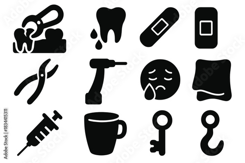 Painful Procedure Icons. Solid style icons of Painful Procedures: Tooth Extraction, Bleeding Gum, Bandage, Forceps, Drill, Crying