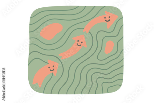 Guiding Safety Arrows. a topographic evacuation map with smiling arrows guiding the way to safety, sage green and coral palette,