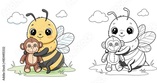 Cute cartoon bee hugging a brown stuffed monkey toy, adorable insect character holding a plush doll friend on green grass, vector illustration isolated on white background