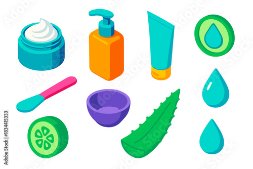 Skincare Essentials Icons. Isometric vector illustration set Skincare routine – moisturizer jar, pump lotion bottle, gel tube;