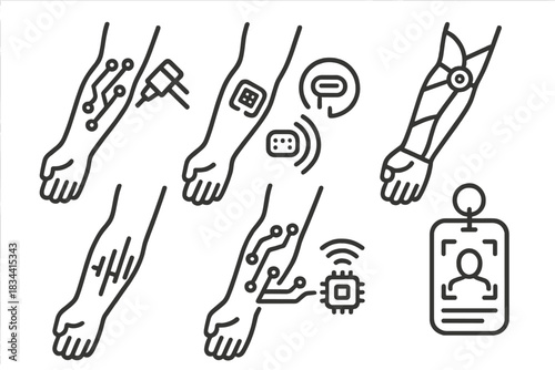 Cybernetic Tattoo Icons. Line style icons of cybernetic tattoo applications: circuit line ink, biochip under skin mark, robotic