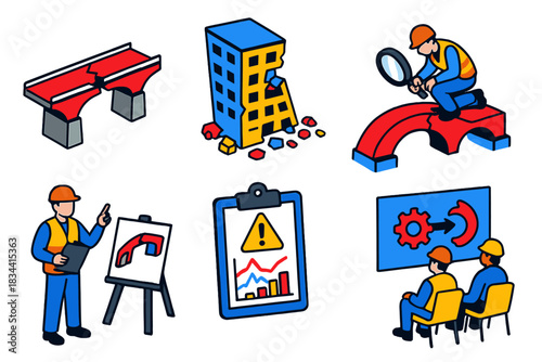 Disaster Analysis Icons. Isometric vector illustration set Engineering disaster analysis: damaged bridges, failed structures,