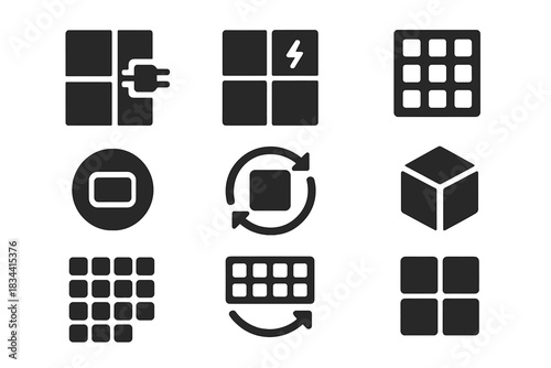 Modular System Icons. Solid style icons of modular system design: plug-and-play node icon, isolated failure zone, system module