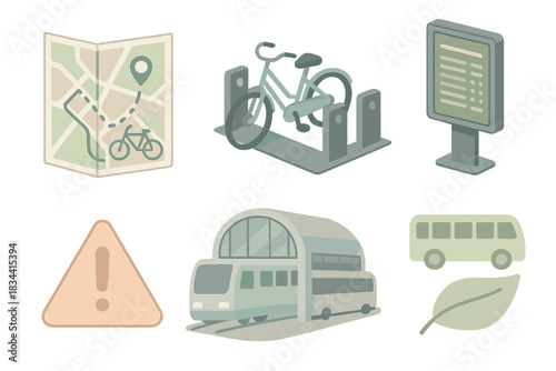 Sustainable Mobility Icons. Isometric vector illustration set of sustainable mobility system: planned cycling route map, shared