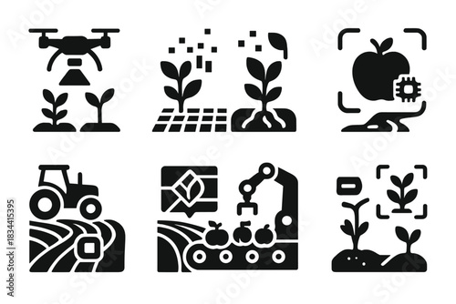 Agricultural Technology Icons. Solid style icons of machine vision in agriculture: harvest drone with scanner, crop spectral field