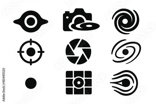 Black Hole Photography Icons. Solid style icons of black hole photography: event horizon ring, accretion disk camera icon,