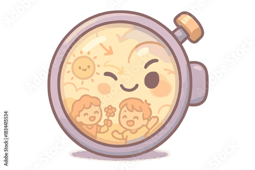 Playful Time Lens. A cute "time distortion" lens with a winking expression, showing playful past moments, soft harmonious pastel