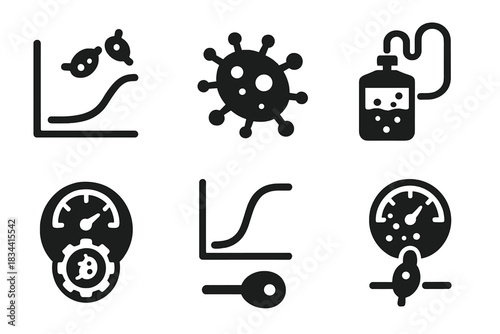 Fermentation Simulation Icons. Solid style icons of fermentation simulation: yeast activity chart, simulated microbe icon,