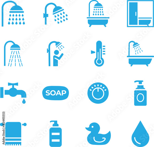 Minimalist bath and shower icons, editable hygiene vector set for UI, education, and stock