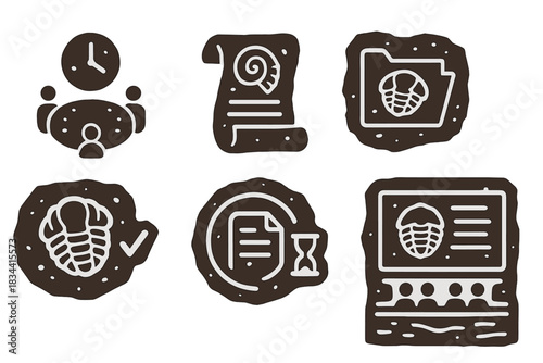 Boardroom Archives Icons. Solid style icons of board meeting archives: round table with timestamp, fossilized agenda scroll,