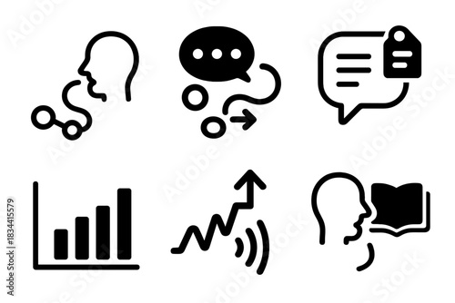 Forensic Linguistics Icons. Line style icons of Forensic Linguistics: spoken timeline path, hesitation marker, sentence filler tag