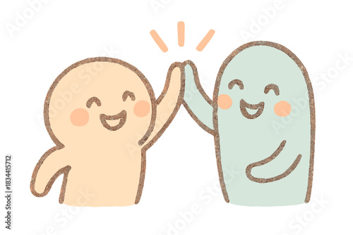 Perfect Timing High-Five. A tiny "perfect timing" high-five with joyful faces, cozy pastel doodle colors, No text, No labels,
