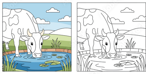 Cartoon cow drinking water from a pond with lily pads, black and white line art character with colored nature background vector illustration
