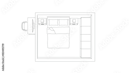 Bedroom Floor Plan with Bed, Desk, and Wardrobe layout