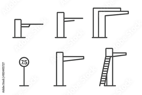 Diving Platform Icons. Line style icons of multi-level diving platforms: 1m board sketch, 3m springboard icon, 5m platform form, 7