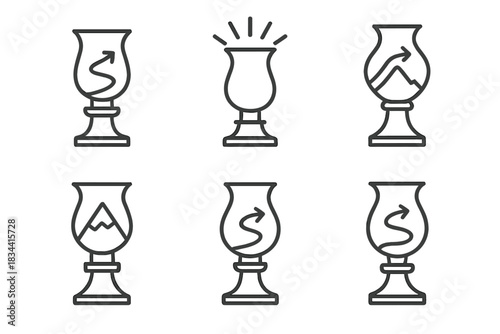 Guiding Urn Icons. Line vector icons of an elevated urn that directs: tall guiding urns, radiant vase outlines, luminous