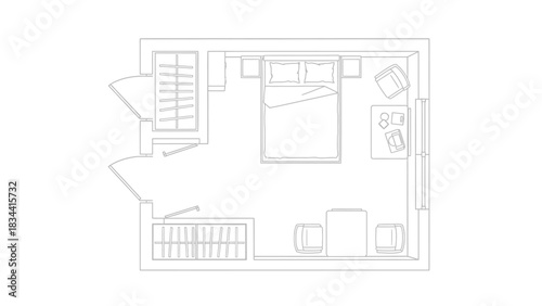 Bedroom floor plan with furniture and closet layout