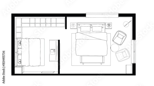 Bedroom floor plan with two beds and seating area line art