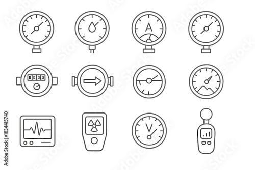 Measurement Device Icons. Line style icons of measurement devices: manometer, hygrometer, galvanometer, tachometer; water meter,