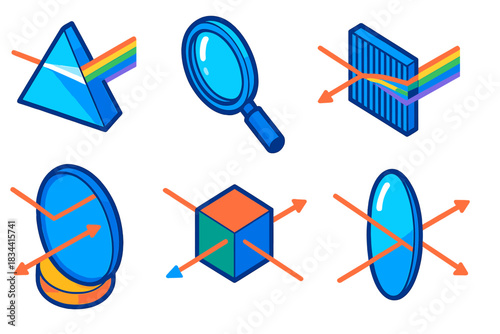 Optical Physics Icons. Isometric vector illustration set Optical Physics: light refraction prism, magnifying lens, diffraction