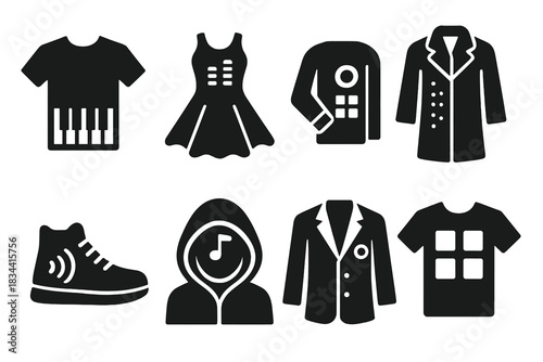 Musical Fashion Icons. Solid style icons of musical interaction fashion: shirt with piano keys, audio-responsive dress, DJ