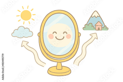 Smiling Mirror Reflections. A cheerful mirror with a smiling reflection showing alternative life paths, soft pastel doodle style,