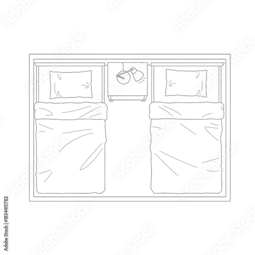 Bedroom layout with two beds and nightstand interior