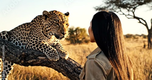 Elegant woman explores sun-drenched savanna, connecting with nature and wildlife on an African adventure, perfect for travel and conservation campaigns