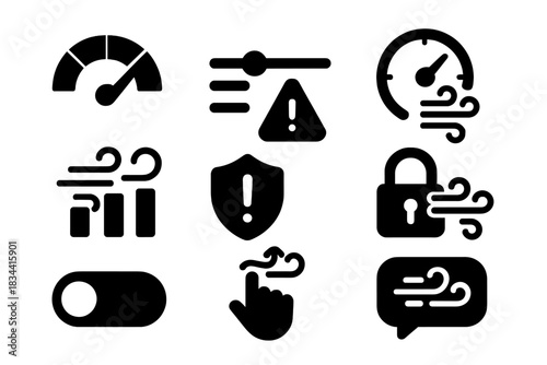 Air Intensity Controls. Solid style icons of air intensity settings: low-med-high gauge, pressure level slider, session control