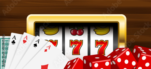 Banner for online casino. Vector 3d illustration on wooden background.