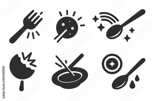Glowing Utensils Icons. Solid style icons of edible light reactions: glowing fork contact, snack lighting up, spoon with rainbow