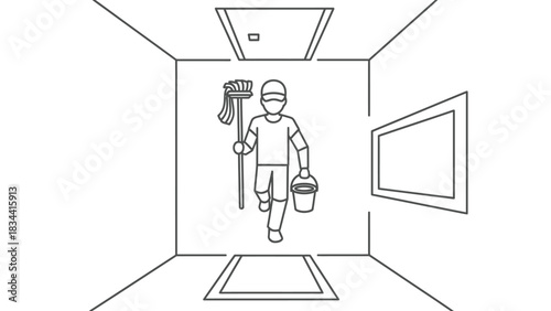 Cleaner With Mop And Bucket Walking Into Room bb2e7c6f8305a64929c413682710ae62dr