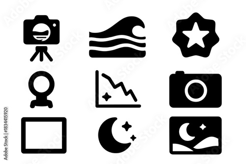 Sea Glow Photography Icons. Solid style icons of sea glow photography: long exposure glyph, blur wave icon, star badge. Tripod