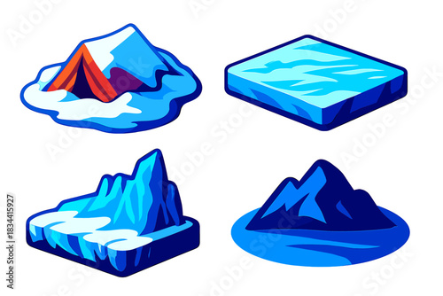 Frozen Wasteland Icons. Isometric vector illustration set Frozen Wasteland Environment: Snow-buried tent, wind-swept ice plain,