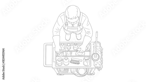 Cleaning person with cart and supplies top view line drawing