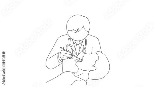 Dentist examining a patient's teeth sketch examination