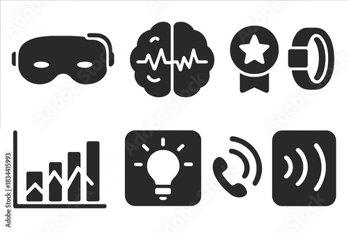 Lucid Dream Devices. Solid style icons of lucid dreaming devices: sleep mask with sensor icon, brainwave glyph, induction badge.