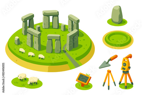 Stonehenge Icon Tribute. Isometric vector illustration set Historical monuments – Stonehenge standing stones, heel stone,