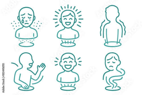 Emotional Iconic Holograms. Line style icons of emotional holographic performance moments: light tears effect, glowing joy burst,