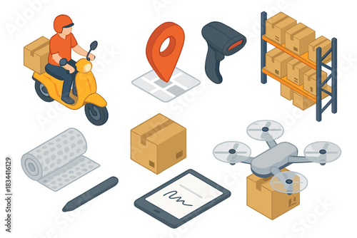 Logistics and Delivery Elements. Isometric vector illustration set of Logistics and Delivery: courier on scooter, tracking GPS pin