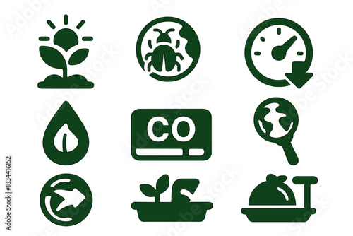 Climate-Friendly Food Icons. Solid style icons of climate-conscious food: low-impact farming icon, insect + climate badge,