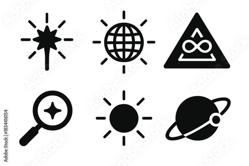 Universal Enlightenment Icons. Solid style icons of universal enlightenment: radiant insight star, luminous awareness globe,