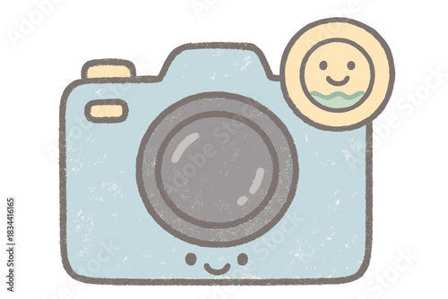 Happy Sealed Camera. A cheerful camera with a smiling "environmental sealing" status icon, soft pastel doodle style, No text, No