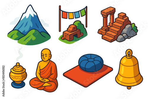 Mystical Mountain Icons. Isometric vector illustration set Mountain landscapes – mist-shrouded peak, temple ruins, stone steps;