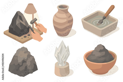 Volcanic Craft Workshop. Isometric vector illustration set of volcanic craft workshop: obsidian carving under soft light, vase