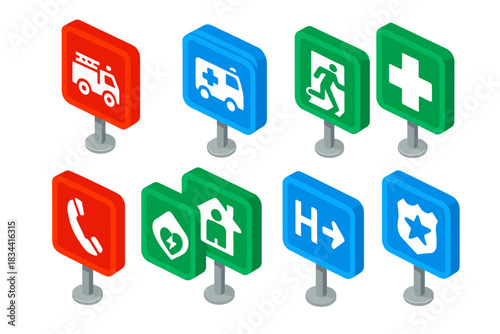Bold Emergency Signs. Isometric vector illustration set Street signs – fire station sign, ambulance route sign, emergency exit