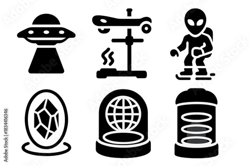 Futuristic Sci-Fi Gadgets. Solid style icons of science fiction meets experiment: UFO concept emitter, hoverboard on lab stand,