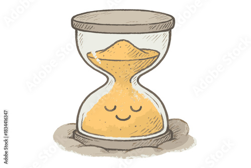 Serene Hourglass Doodle. Friendly doodle hourglass resting on a soft surface, sand shimmering as it forms a meditative face, No