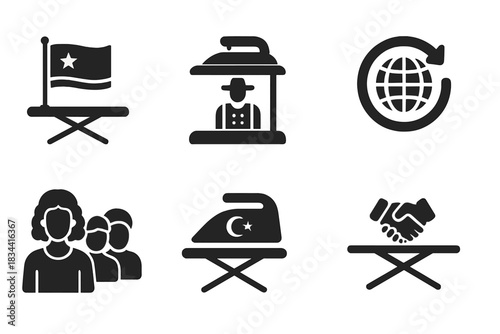 Global Ironing Flags. Solid style icons of national teams and flags: country flag on ironing board, regional outfit press, nation