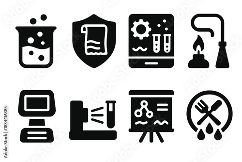 Experimental Dye Icons. Solid style icons of experimental dye labs: dye beaker icon, test fabric badge, chemical reaction panel.